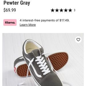 Like new Old Skool Vans, Pewter Grey. Women’s size 9 Men’s size 7.5. Worn once